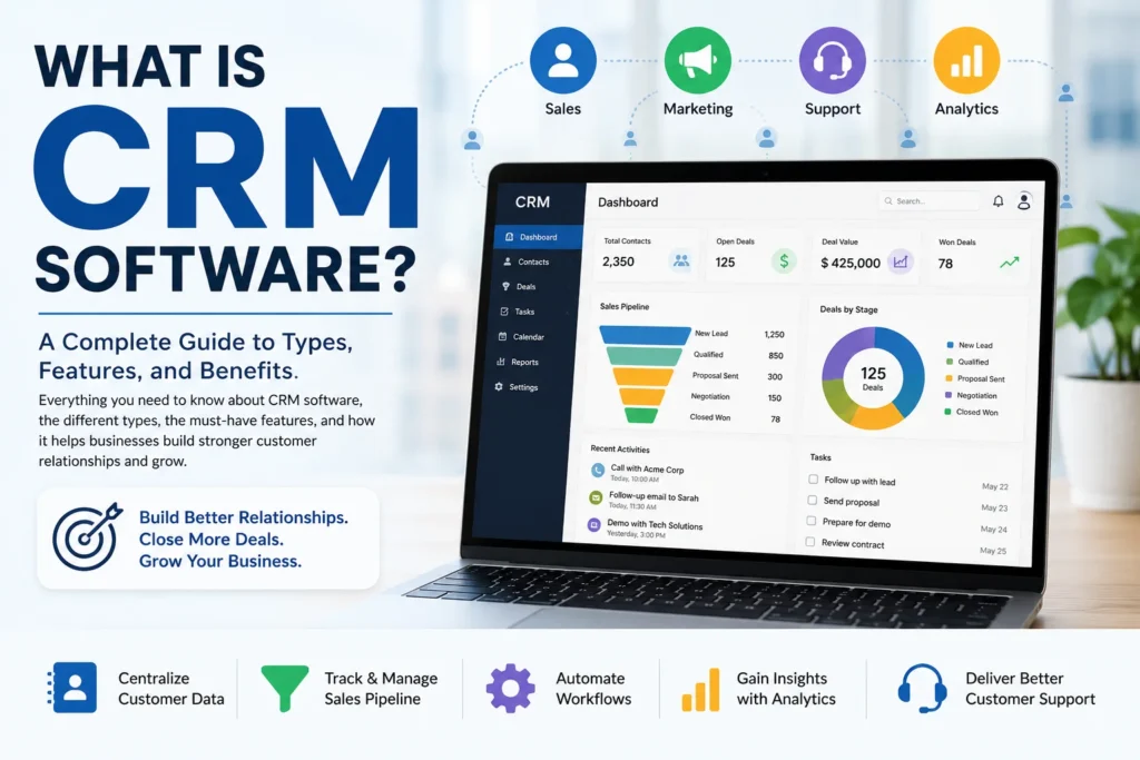 Dashboard illustration showing what CRM software does, including contact management, sales pipeline, and reporting