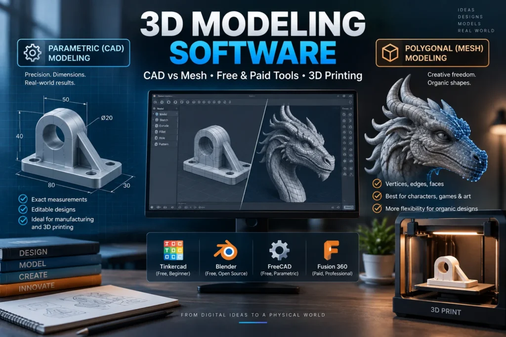 Illustration comparing parametric CAD modeling and mesh modeling in 3D modeling software