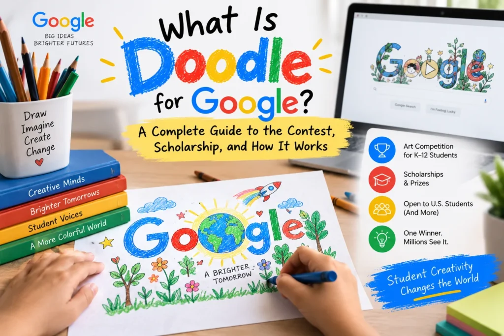 Illustration representing the Doodle for Google student art contest and its reimagined Google logo designs