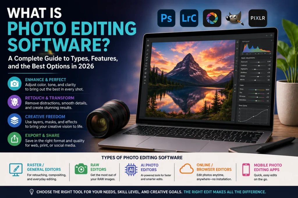 Illustration showing what photo editing software does, including a before-and-after image adjustment example