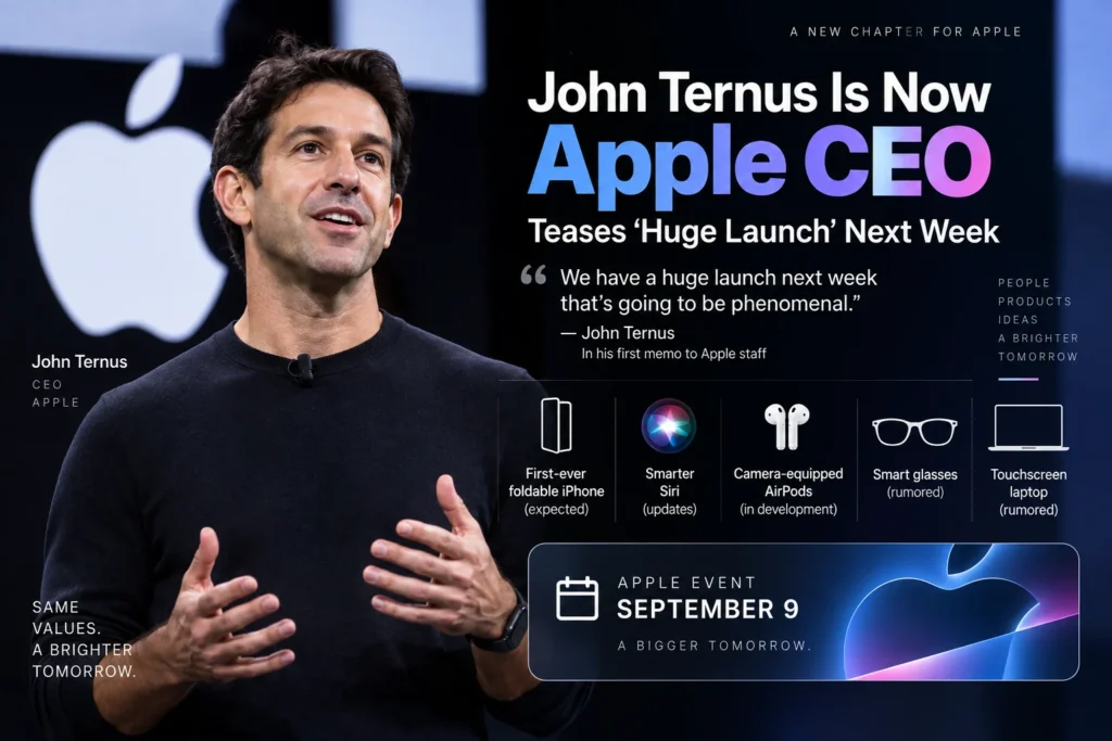 John Ternus becomes Apple CEO, promising a major product launch at the September 9 event